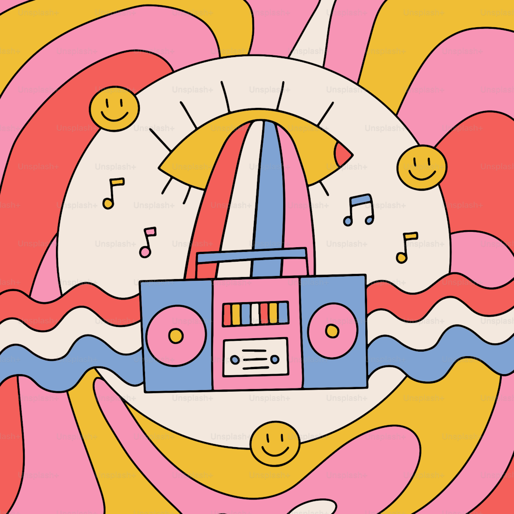 Groovy hippie estilo banner o portada de música. Grabadora de cinta brillante al estilo de los años 70-80 con ondas de arco iris. Tocadiscos vintage a color. Ilistración vectorial dibujada a mano de contorno