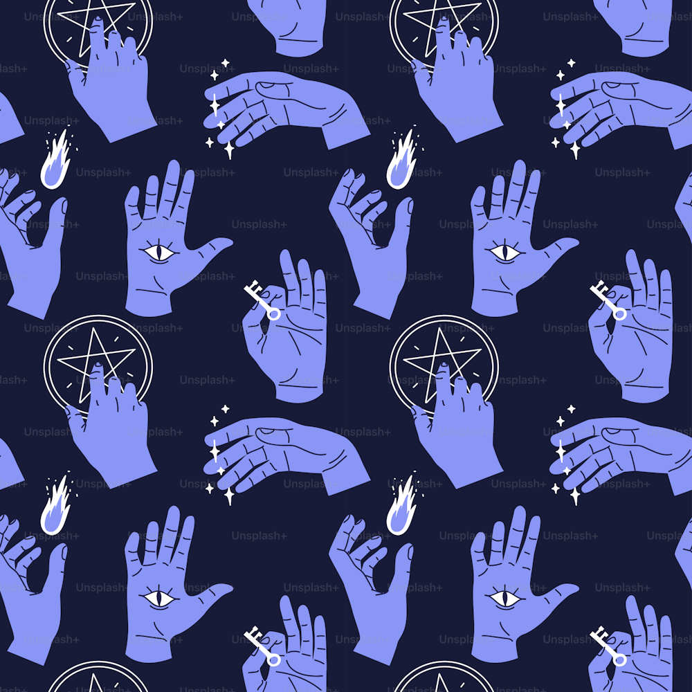 Occult hand seamless pattern of spooky human hands making magic spells and witch rituals. Fortune teller or astrology ritual print background wallpaper in vintage style.
