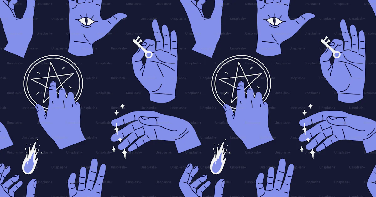 Occult hand seamless pattern of spooky human hands making magic spells ...