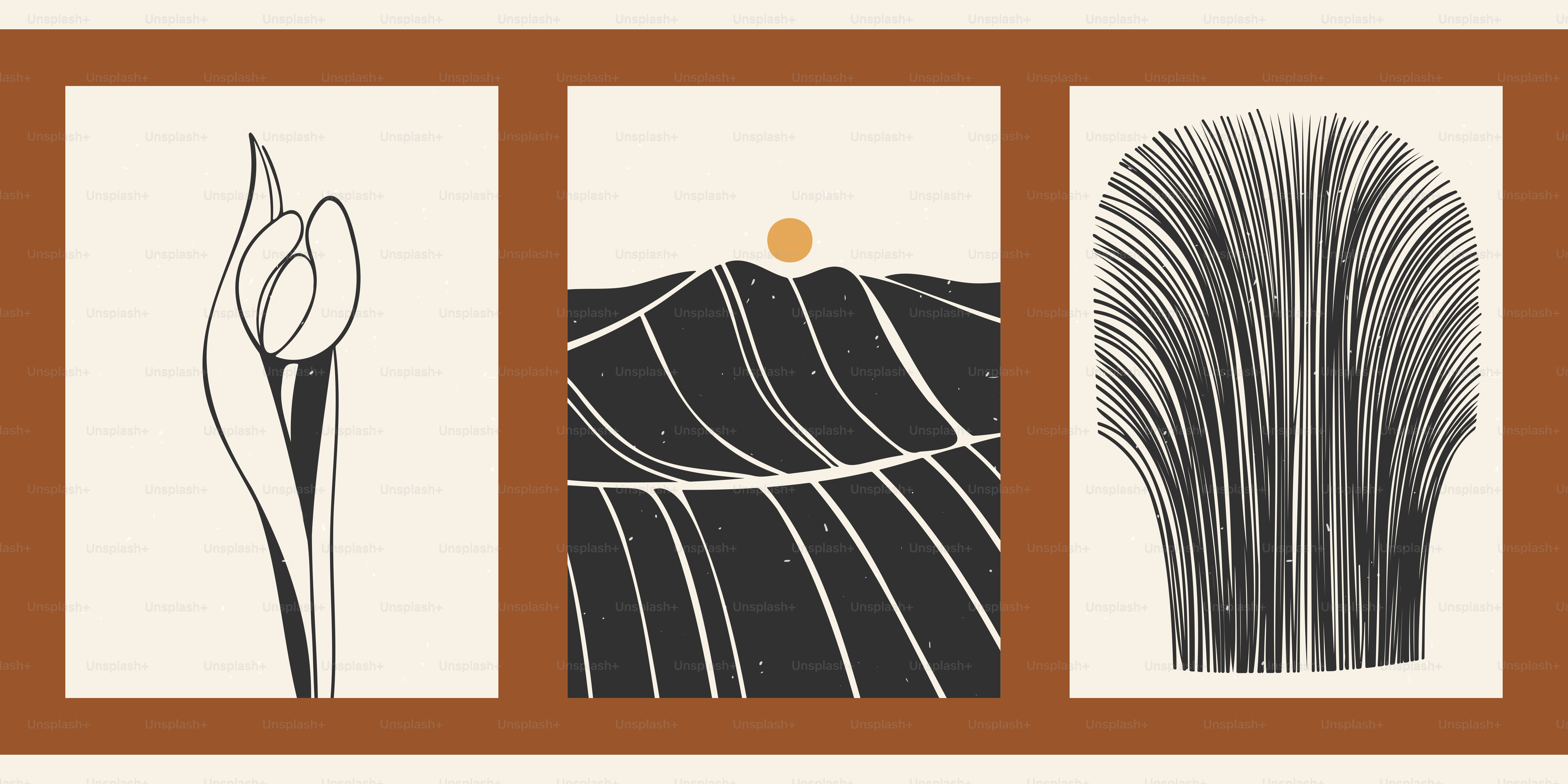 Set aus drei abstrakten, minimalistischen ästhetischen Hintergründen mit Sonne, Landschaft, dünnen Linien, Mustern und Pflanzen.