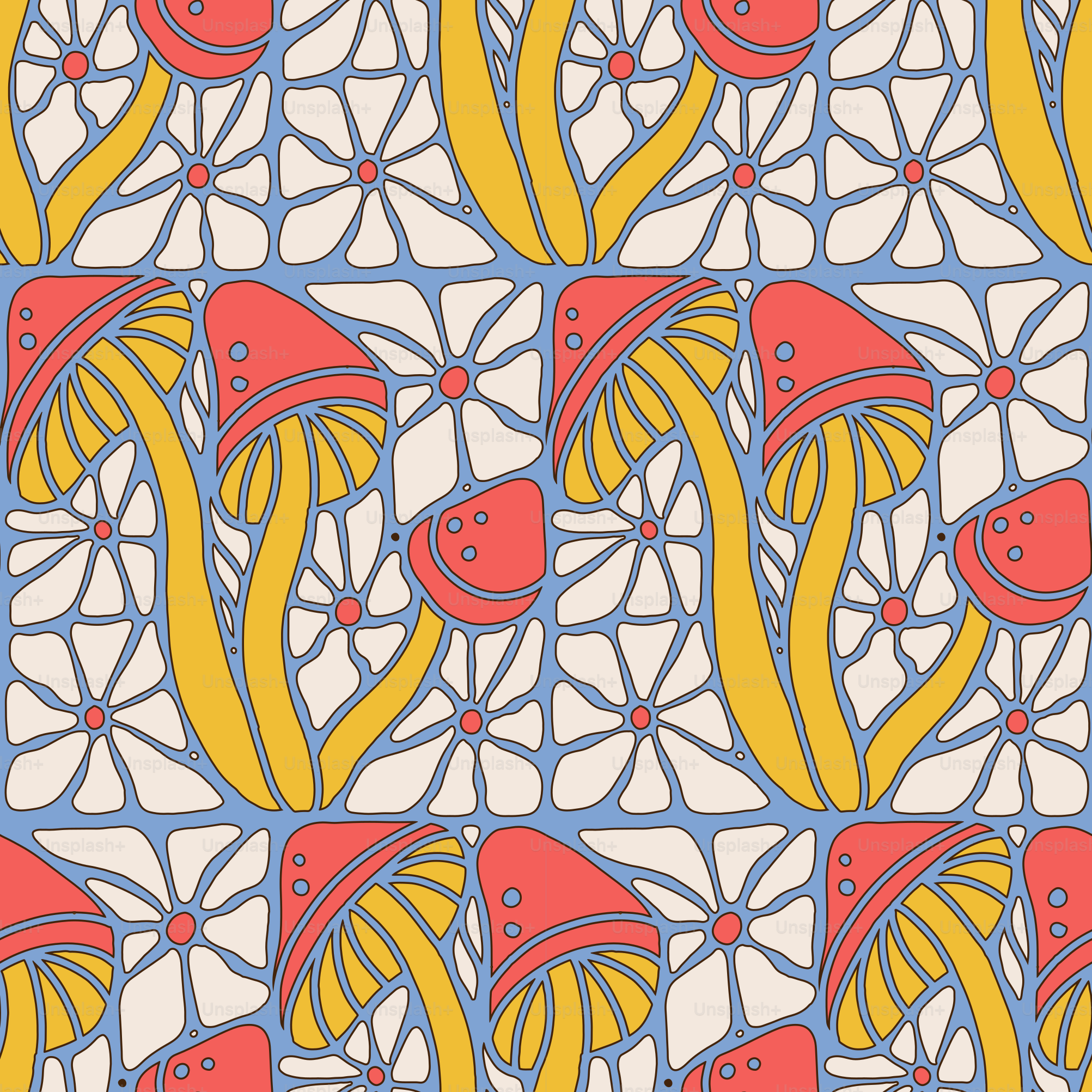 Groovy seanless pattern with daisy flowers and mushrooms in stained glass style. 70s vintage floral repeatable background. Hand drawn linear vector illustration