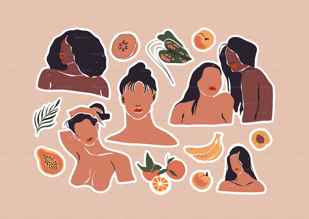 Retratos de personagens de mulheres diversas com decoração de natureza tropical de verão, frutas, formas orgânicas. Pacote de ilustração de estilo de arte abstrata para beleza feminina, design feminista ou conceito de moda.