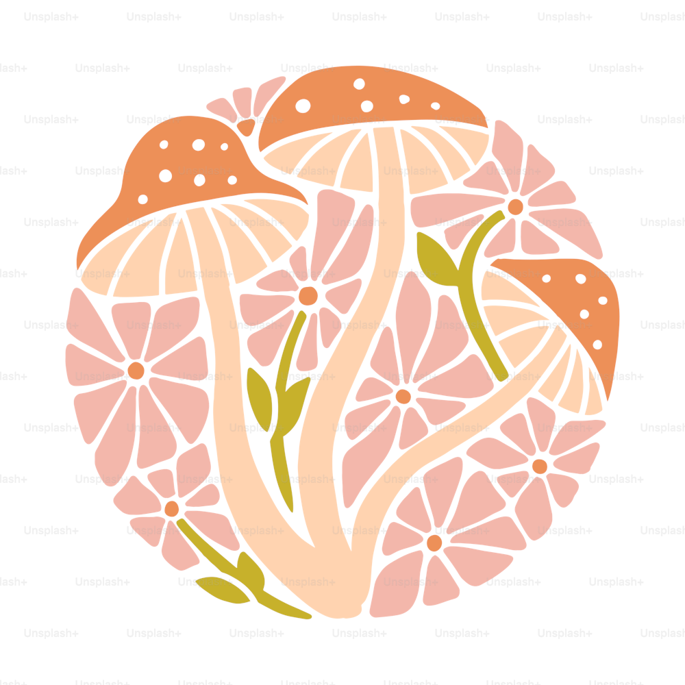 Groovy boho woodland mushrooms impresión gráfica circular con flores de margarita. Diseño vectorial de moda en estilo psicodélico de los años 70, 60