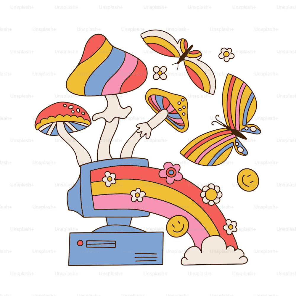 Old retro vintage hipster computer, pc with monitor from 70s, 80s, 90s with mushrooms, rainbow, flowers and butterflies. Hand drawn isolated Vector illustration. Hippie psychedelic sticker concept
