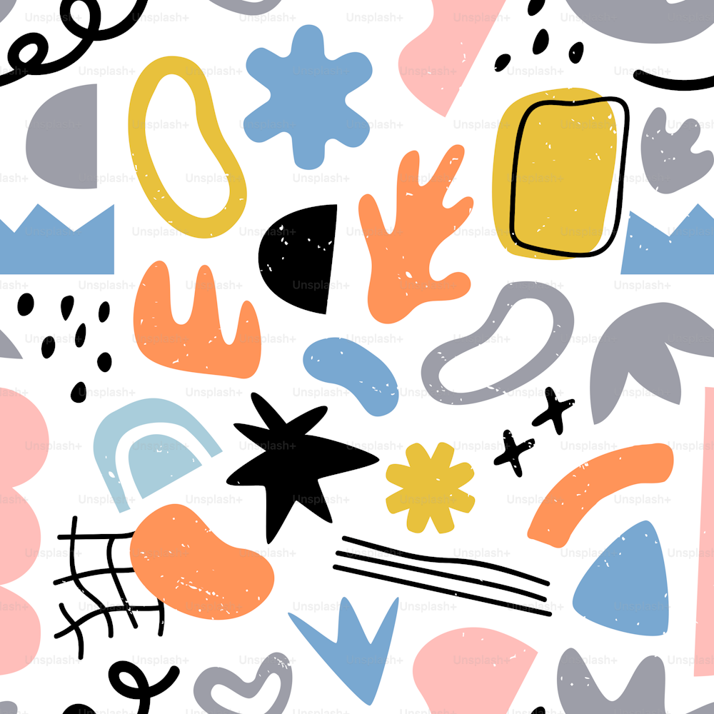 Abstract organic shape seamless pattern, random flat cartoon doodles in trendy contemporary art style. Freehand childish scribble background for textile, print or fashion backdrop.