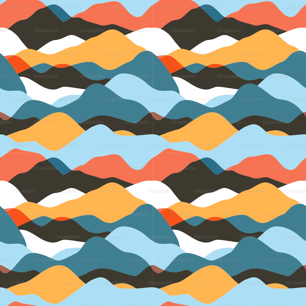 Abstract mountain landscape seamless pattern illustration. Colorful wave background flat design with transparent horizon shapes.