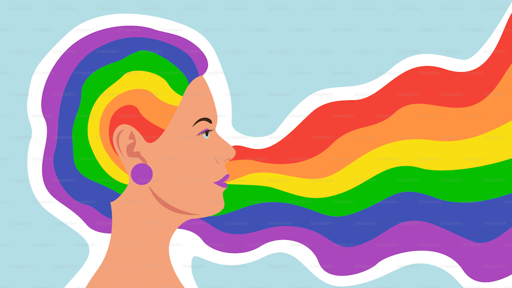 Mujer con cabello color arco iris, símbolo del orgullo LGBT. Diseño de banner en estilo plano. Ilustración de stock vectorial.