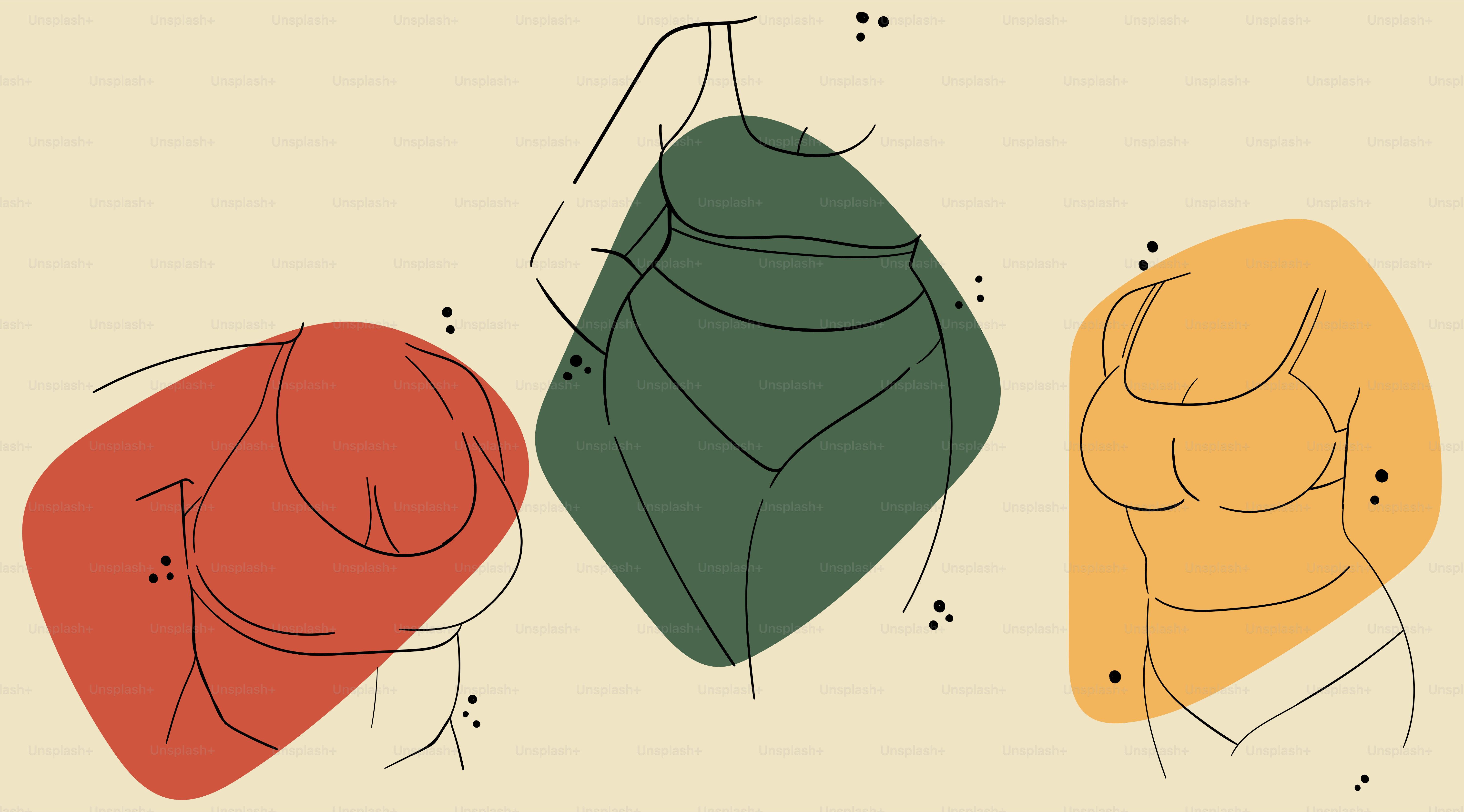 A set of three illustrations with various lovely girls in lingerie, bikinis. Body positive summer minimalist outline drawings.