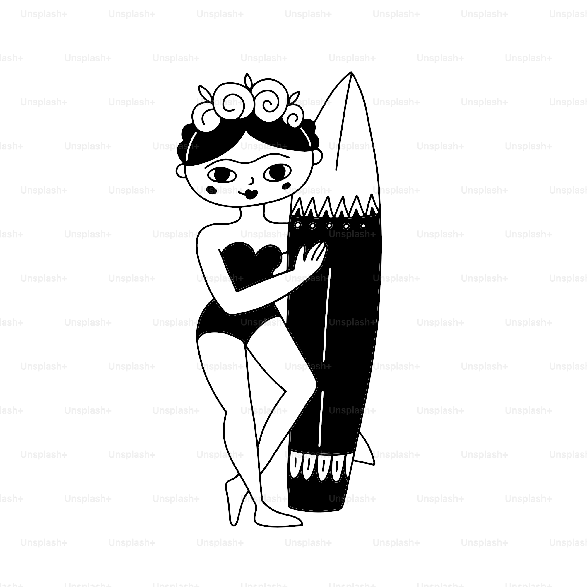 Frida Kahlo de Rivera a stylisé le concept d’imprimé de personnages dans un style gribouillage. Portrait moderne créatif de hipster avec planche de surf. Décoration de t-shirt style été. Illustration vectorielle en noir et blanc