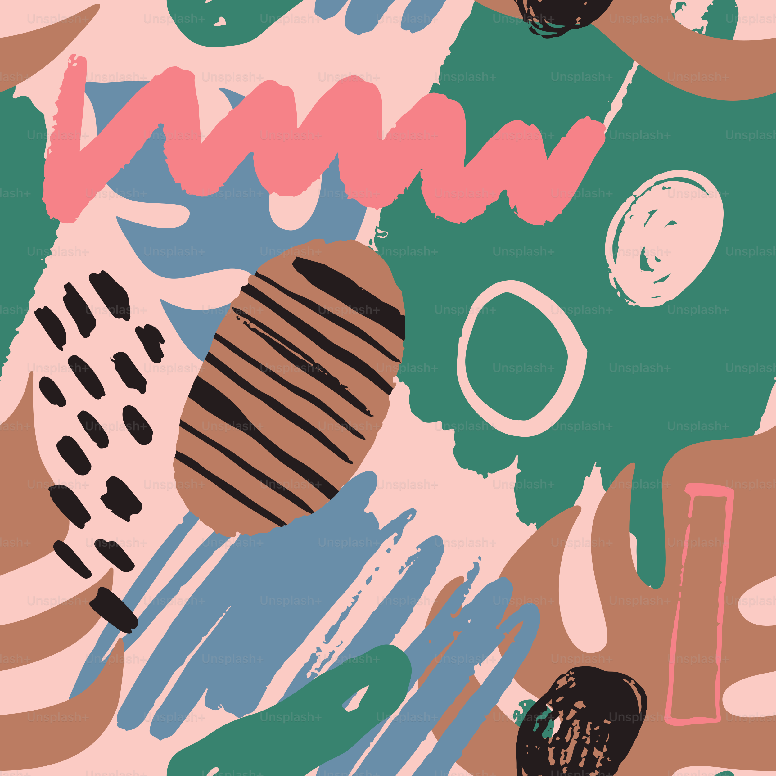 Trendy tropical doodle seamless pattern with unusual abstract shapes and jungle plant leaf in pastel colors. Freehand organic shape background for fashion print, summer wallpaper design.