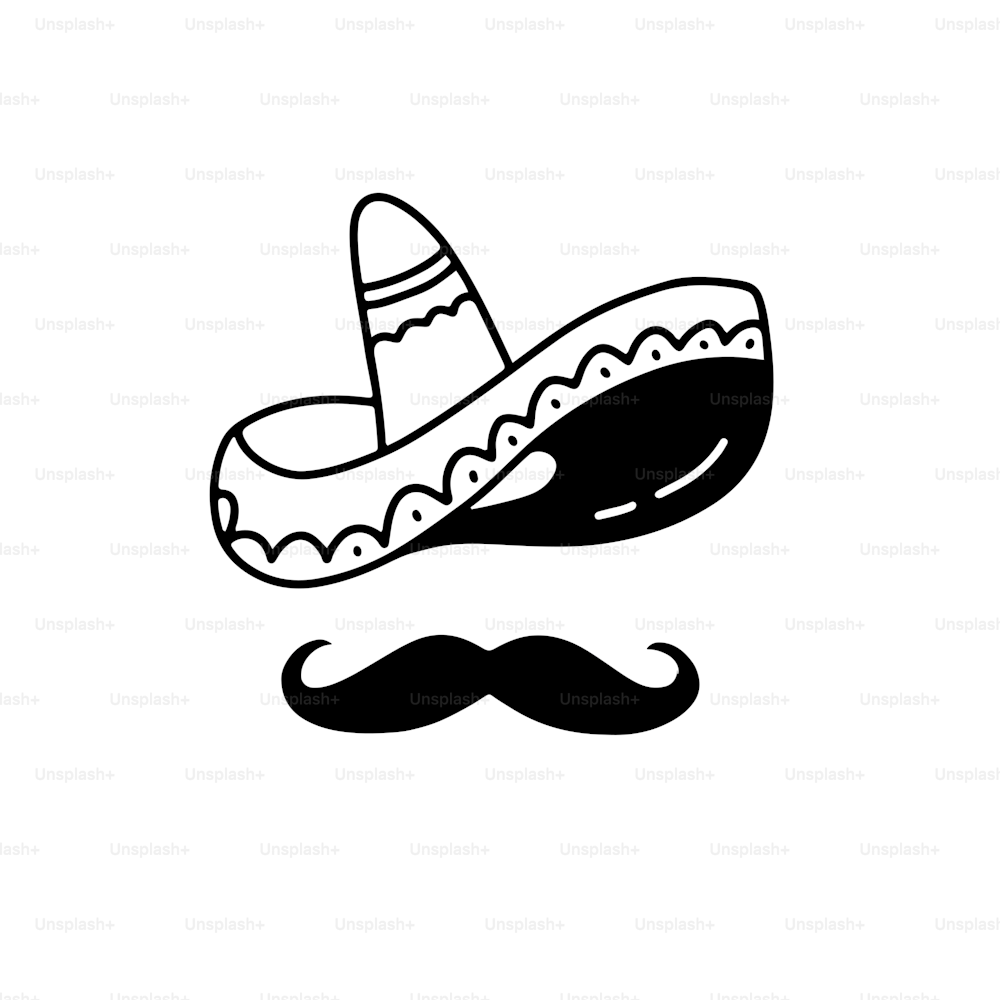 Sombrero mexicano con bigote Concepto de estampado tradicional. Ilustración vectorial de garabatos vectoriales