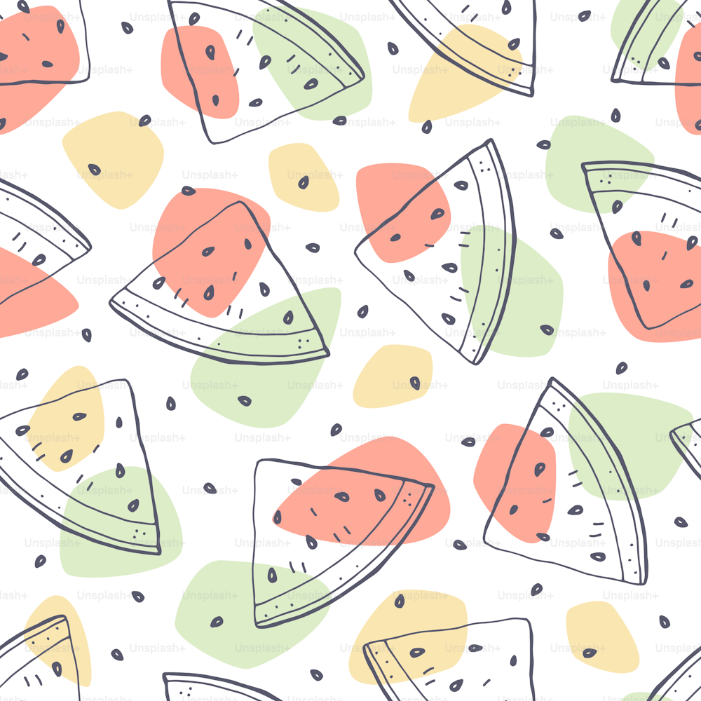 Watermelon slices hand drawing doodle style sketch and colored spots on white background seamless pattern. Design for textiles, fabrics, wallpaper and paper. Stock vector illustration.