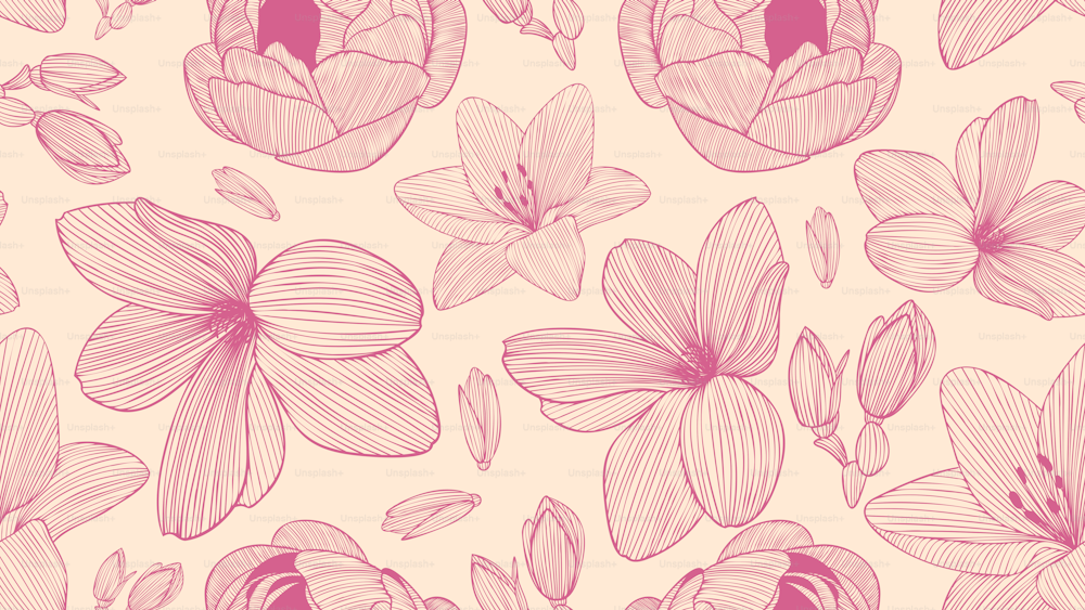 Stylish hand-drawn illustration with plants and leaves. Background in pink and beige colors. Vintage graphic style.