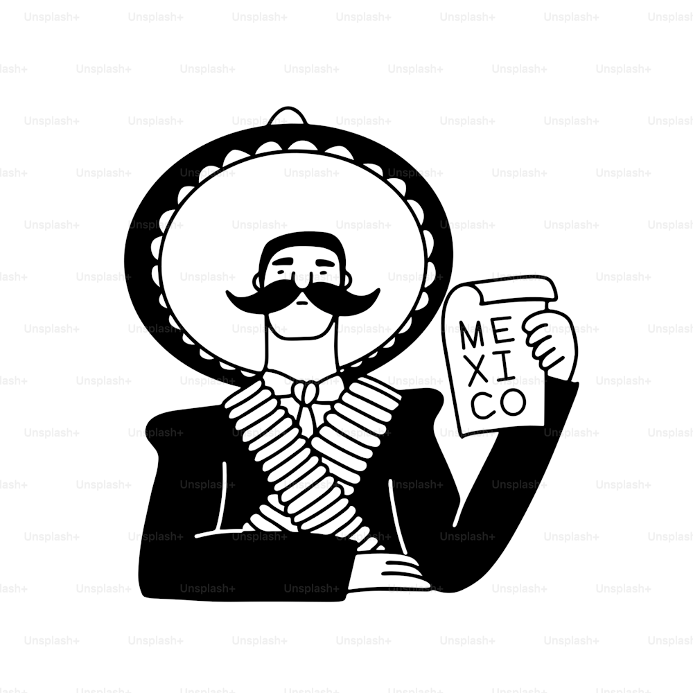 Emiliano Zapata mexican revolutionary hero character in doodle style. Male mexican with crossed ammunition belts, sombrero and paper sheet. Linear isolated vector illustration black on white