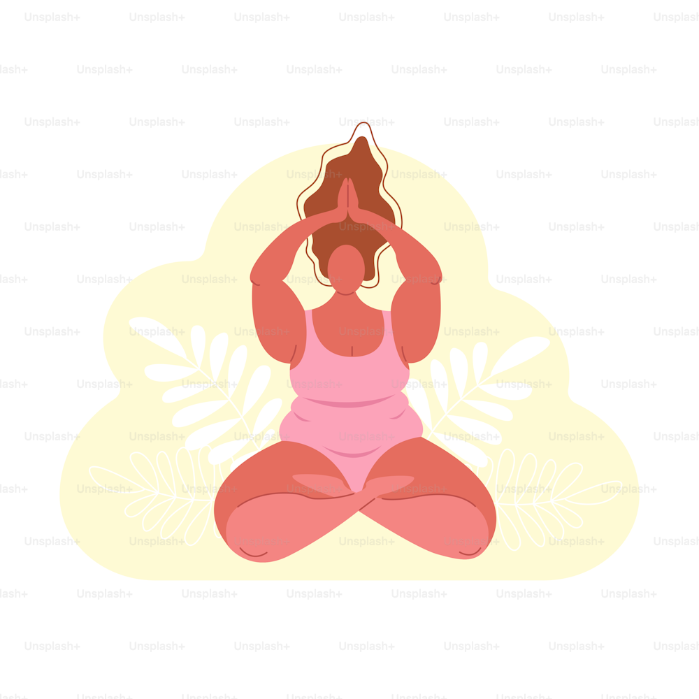 Plus-Size-Frau im Badeanzug sitzt in einer Yoga-Stunde im Lotussitz, das Konzept des Body Positive, Liebe für Ihren Körper. Vektor-Stock-Illustration im flachen Stil.