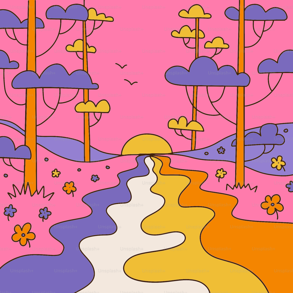 90年代のグルーヴィーな正方形のポスター。漫画のサイケデリックなレトロなスタイル。明るいヒッピーの風景とレトロな花のエレメント。虹の川、太陽光線、木々、旅行の波で自然を旅します。ベクター輪郭図