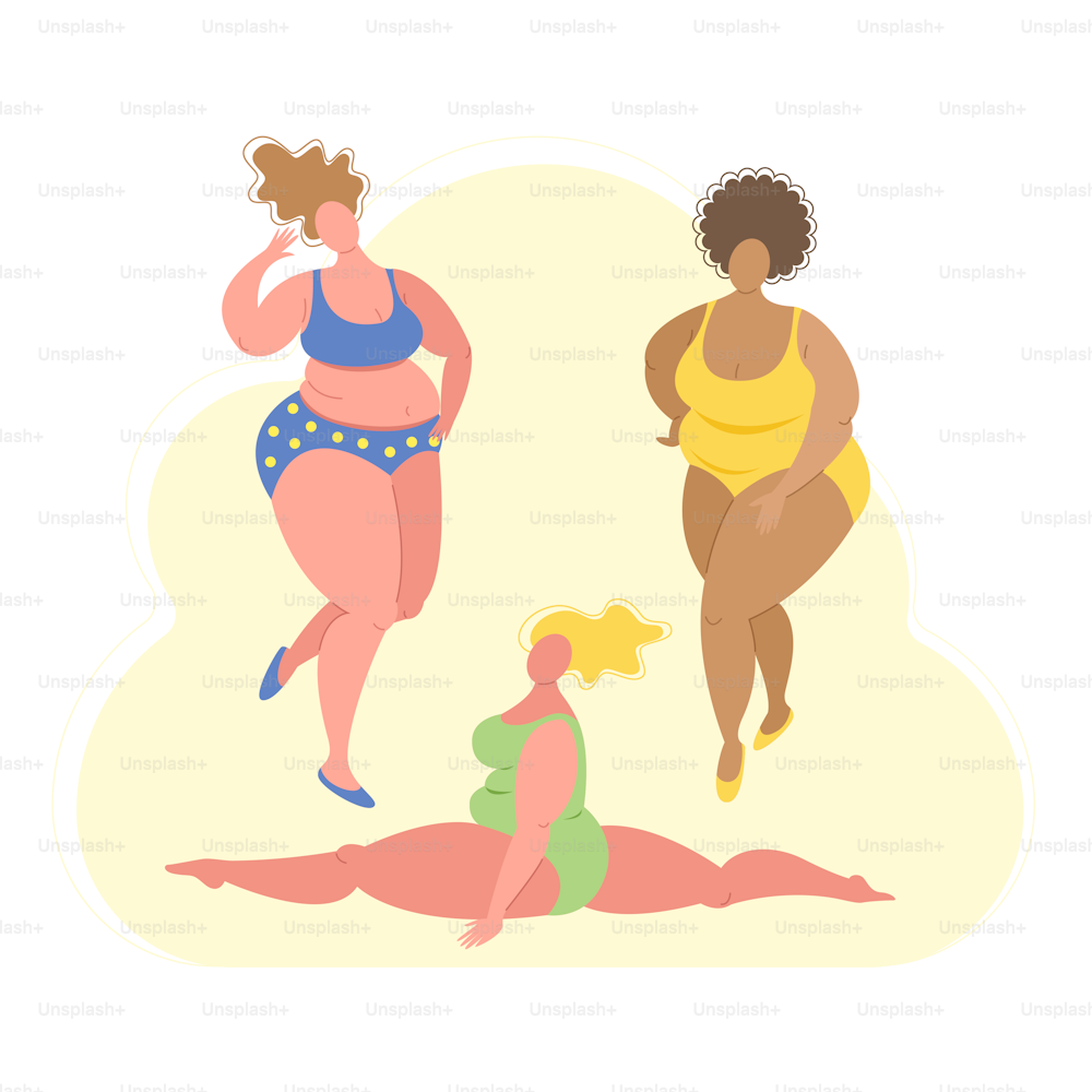 Plus size women in flat style swimwear. Body positive concept, love your body. Vector stock illustration.