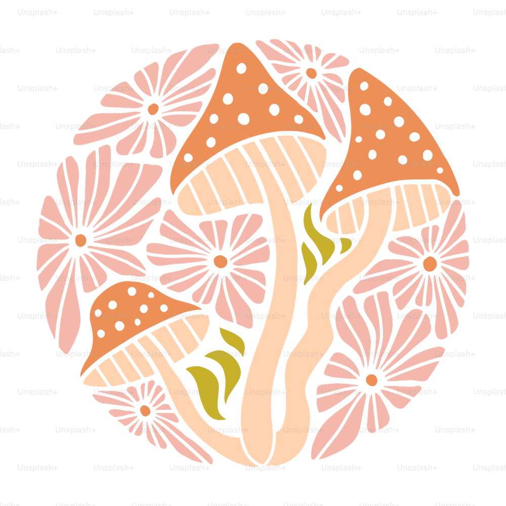 Psychedelic sticker or print concept in round shape.Pastel fly agarics woth daisies on a white background. Boho psychedelic mushrooms and flowers. Flat hand drawn Vector