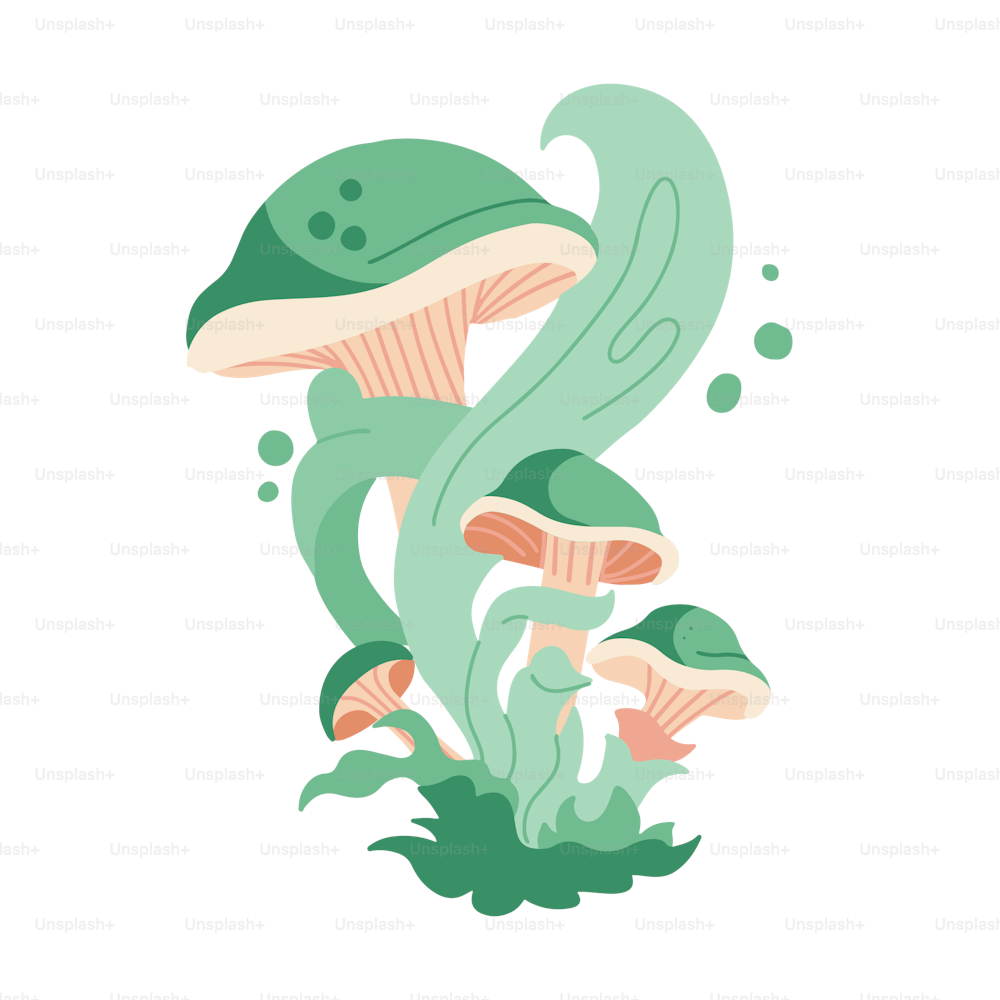 Trippy psychedelic mushrooms in flat vector style with green fume. Isolated concept.