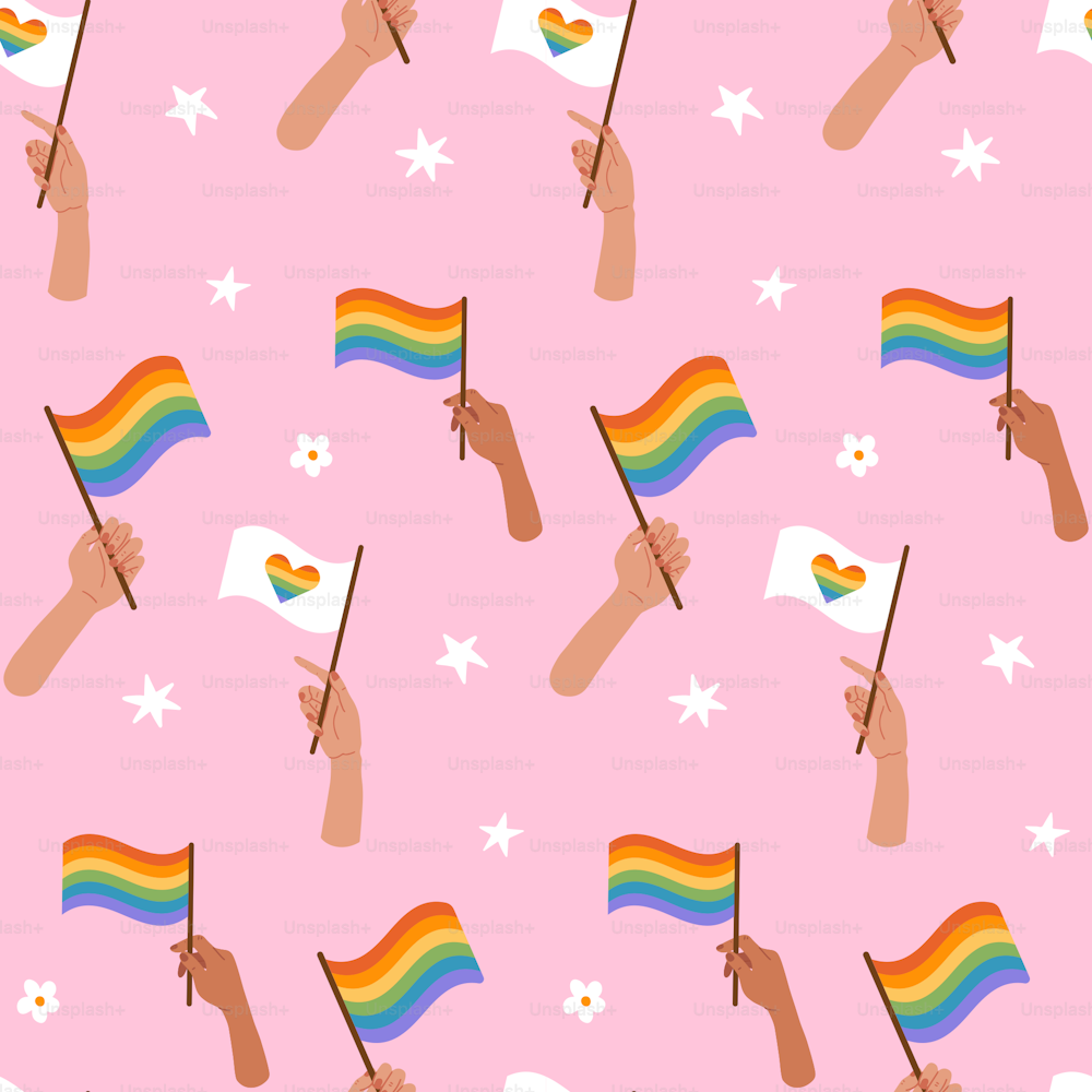 LGBT seamless pattern. Various hans holding rainbow striped flag isolated on pink background. Hand drawn surface design. Flat vector illustration