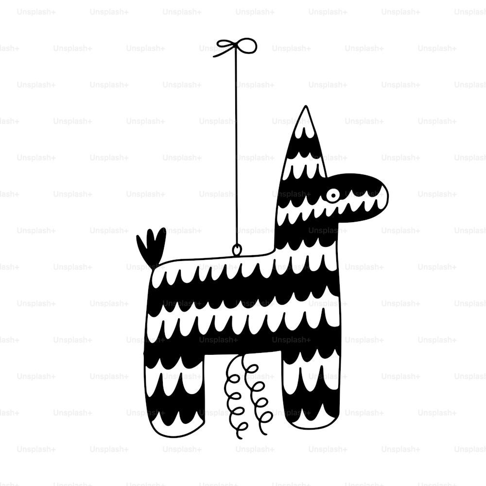 Cute doodle Mexican Horse Pinata. Birthday celebration element for candy party game. Linear black hand drawn vector illustration