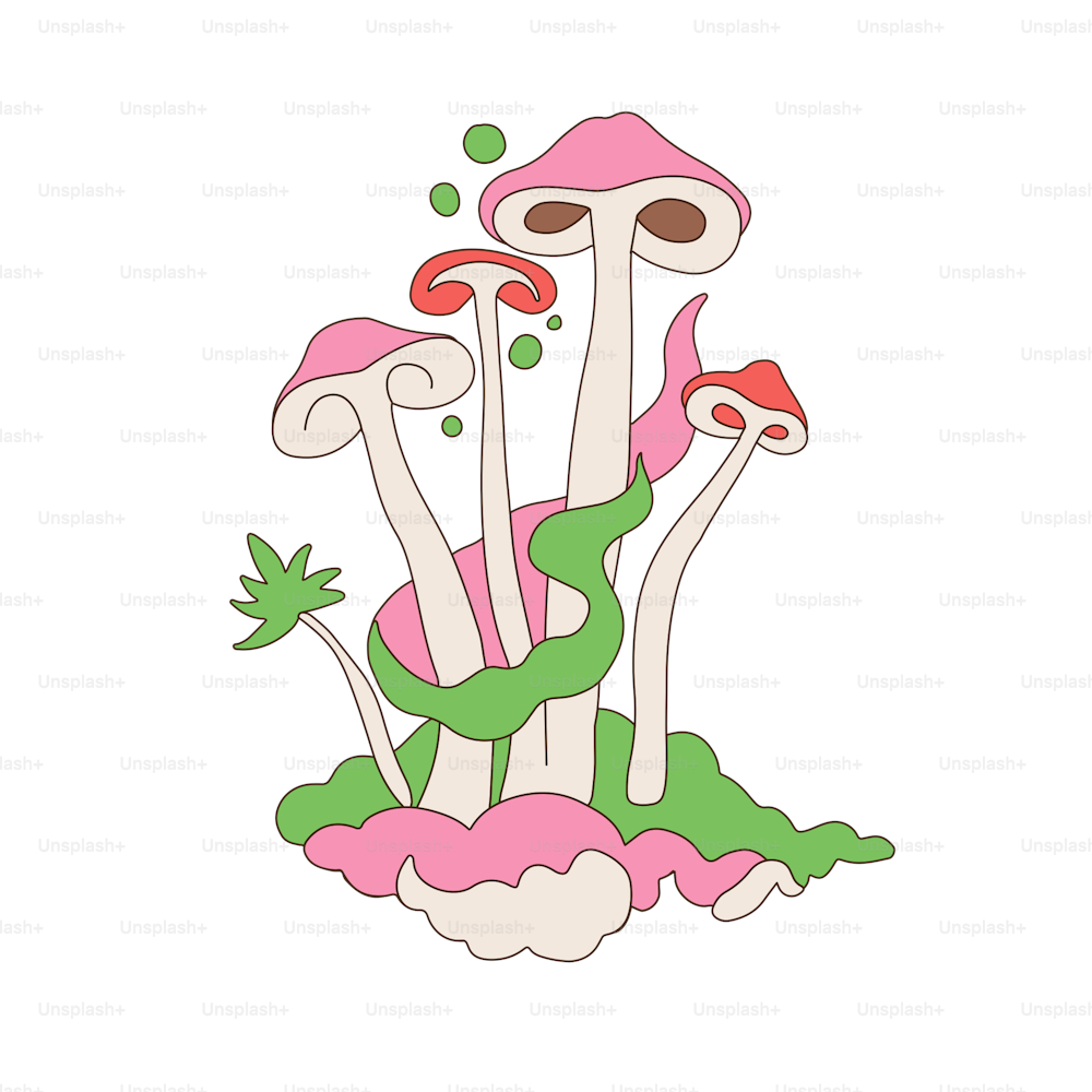Psilocibina alucinógeno cogumelos mágicos grupo. Elemento de design groovy desenhado à mão para impressão de tee. Estilo colorido de gravura. Ilustração groovy retro vector dos anos 70.
