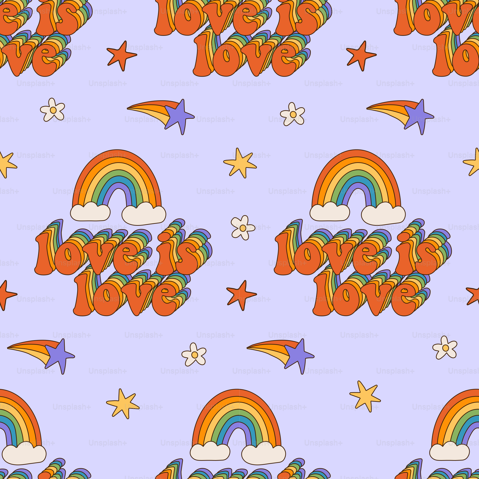 Love is love - Pride Month seamless pattern with Rainbow text in LGBTQ community flag colors. Colorful 70s style vector repeat