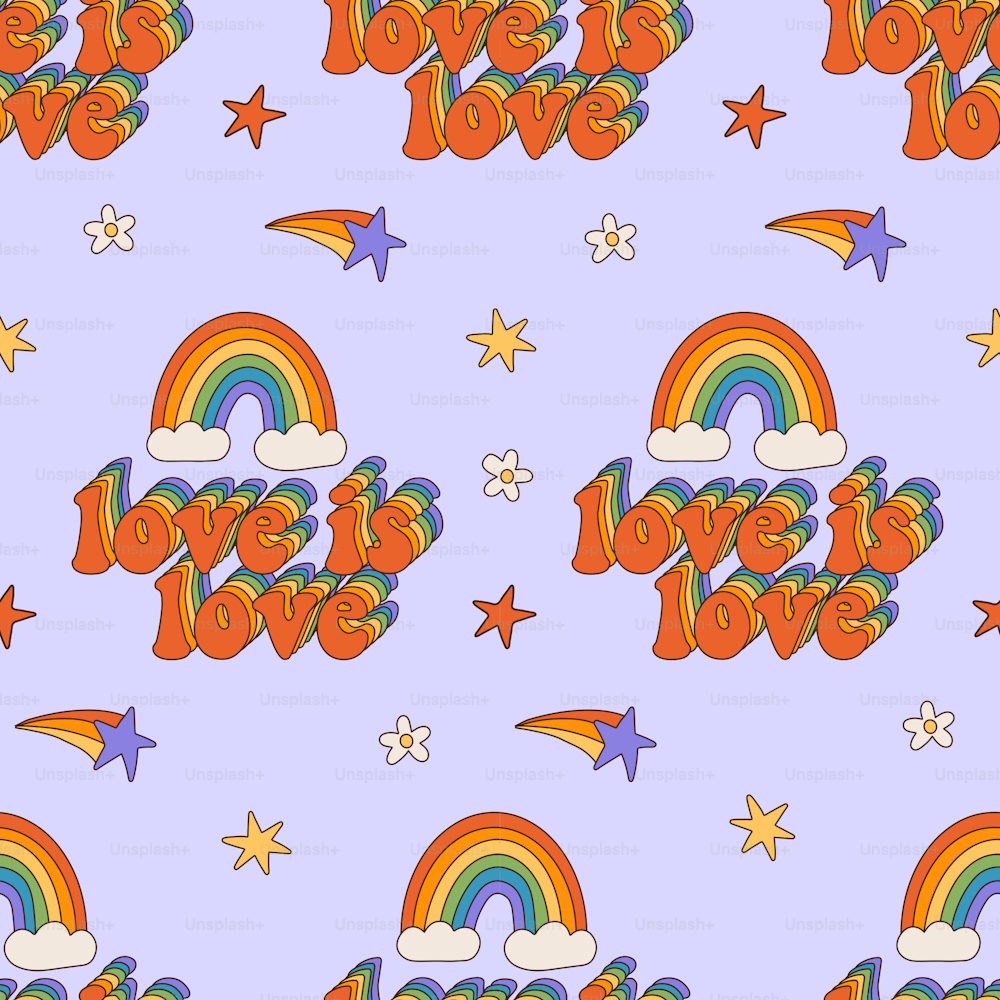 Love is love - Pride Month seamless pattern with Rainbow text in LGBTQ community flag colors. Colorful 70s style vector repeat