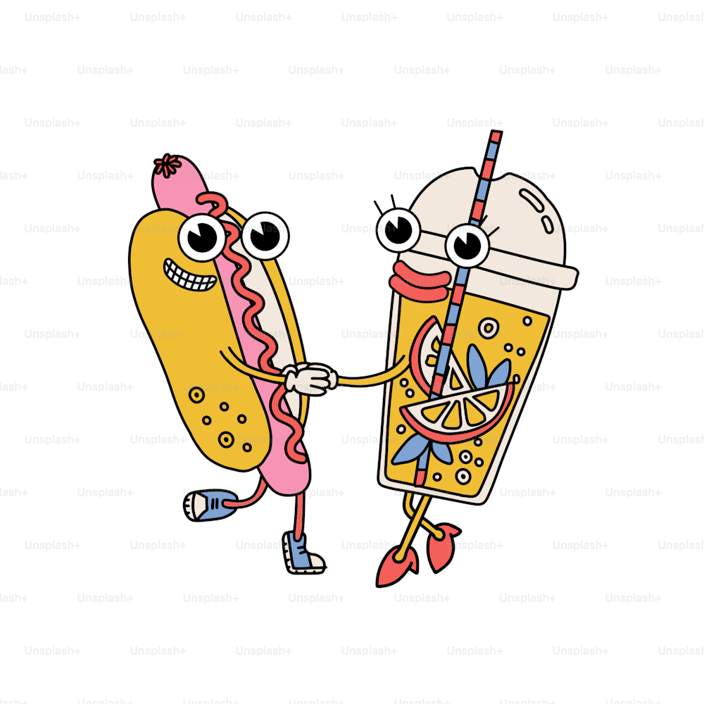 Karikatur-Retro-Hotdog und Limonadengetränk in Plastikbecherfiguren. Händchen haltende Vintage-Maskottchen. Groovy verliebtes Paar. Valentinstag s isoliertes Konzept. Konturvektorillustration