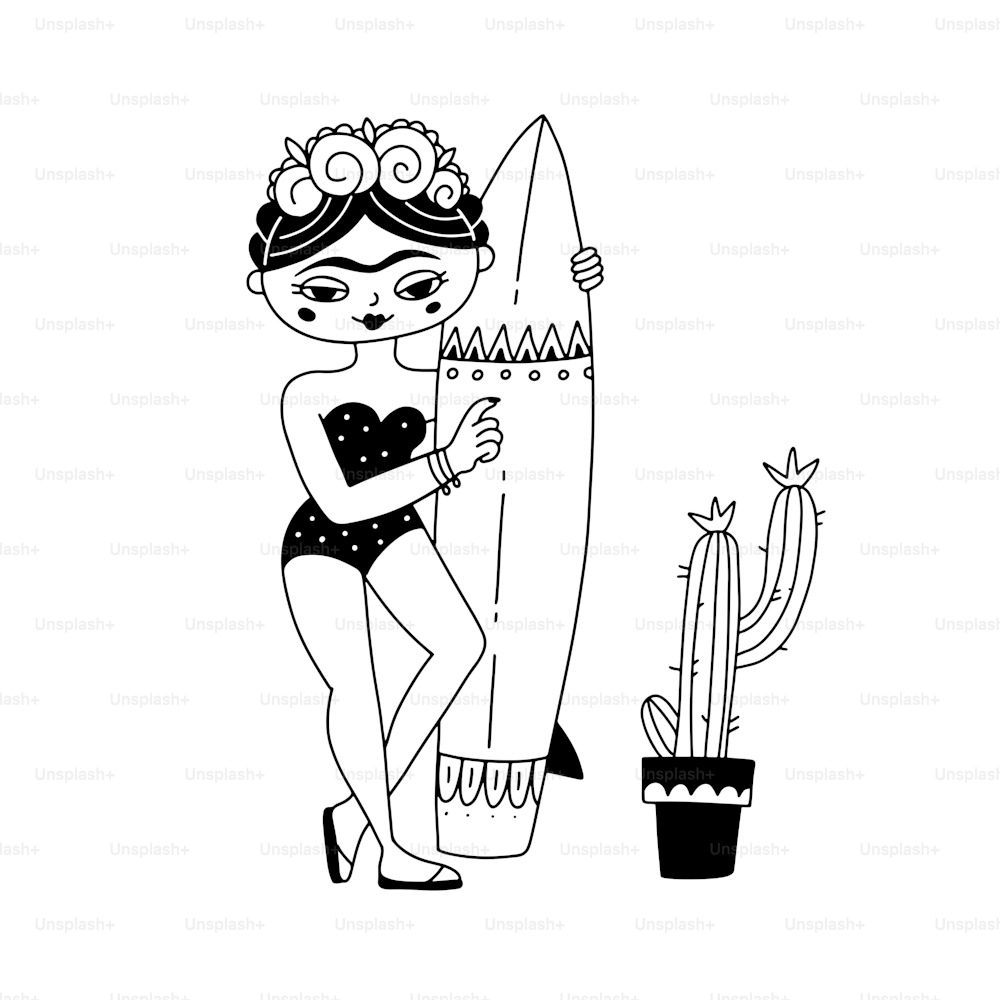 Frida Khalo in full growth holding a surfboard. Cute and funny female portrait in doodle style. Girl greeting card concept. Vector print for t-shirt mexican design.