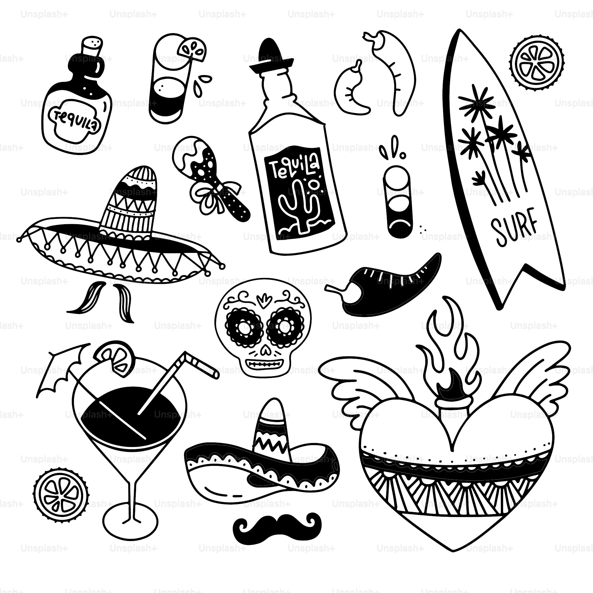 Un ensemble de Doodle de choses de la nation mexicaine. Style de croquis  linéaire en noir et blanc. Collection des éléments traditionnels du  Mexique. Illustration vectorielle dessinée à la main vectoriel –, image size:3000x3000