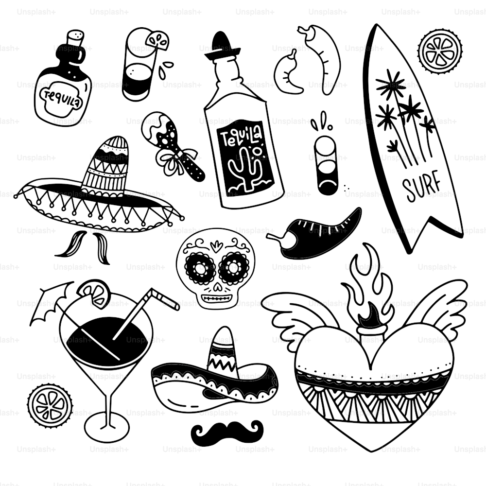 Doodle set of mexican national things. Black and white linear sketch style. Traditional elements of Mexico collection. Hand drawn vector illustration