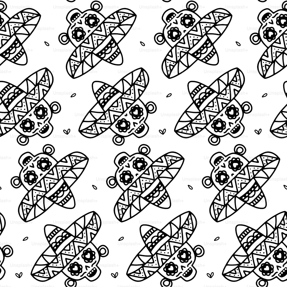 Nahtloses Muster für den Tag der Toten in Mexiko, Zeichnung im Doodle-Stil. Schwarz auf Weiß Fröhlich bemalte Totenköpfe in einem Sombrero. El Dia de Muertos. Handgezeichnete Vektorillustration