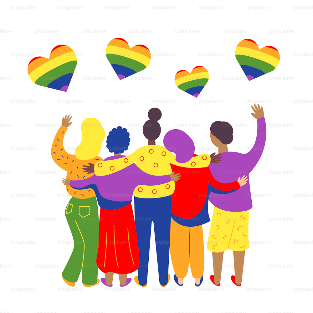People stand with their backs in an embrace. LGBT Pride Month. Vector stock illustration.