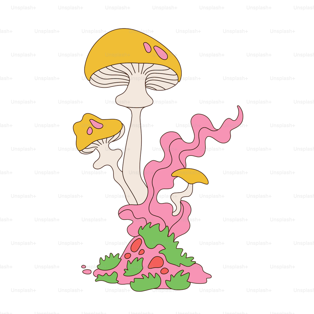 Psychedelic Mushroom and smoking weed. Hippie acid lcd journey concept. The cartoon fungus is so high. Linear hand drawn vector.