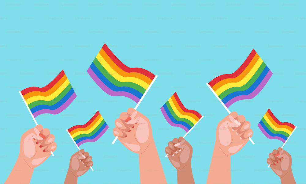 Male and female hands with a raised LGBT rainbow flag. Gay pride parade concept. Vector stock illustration.
