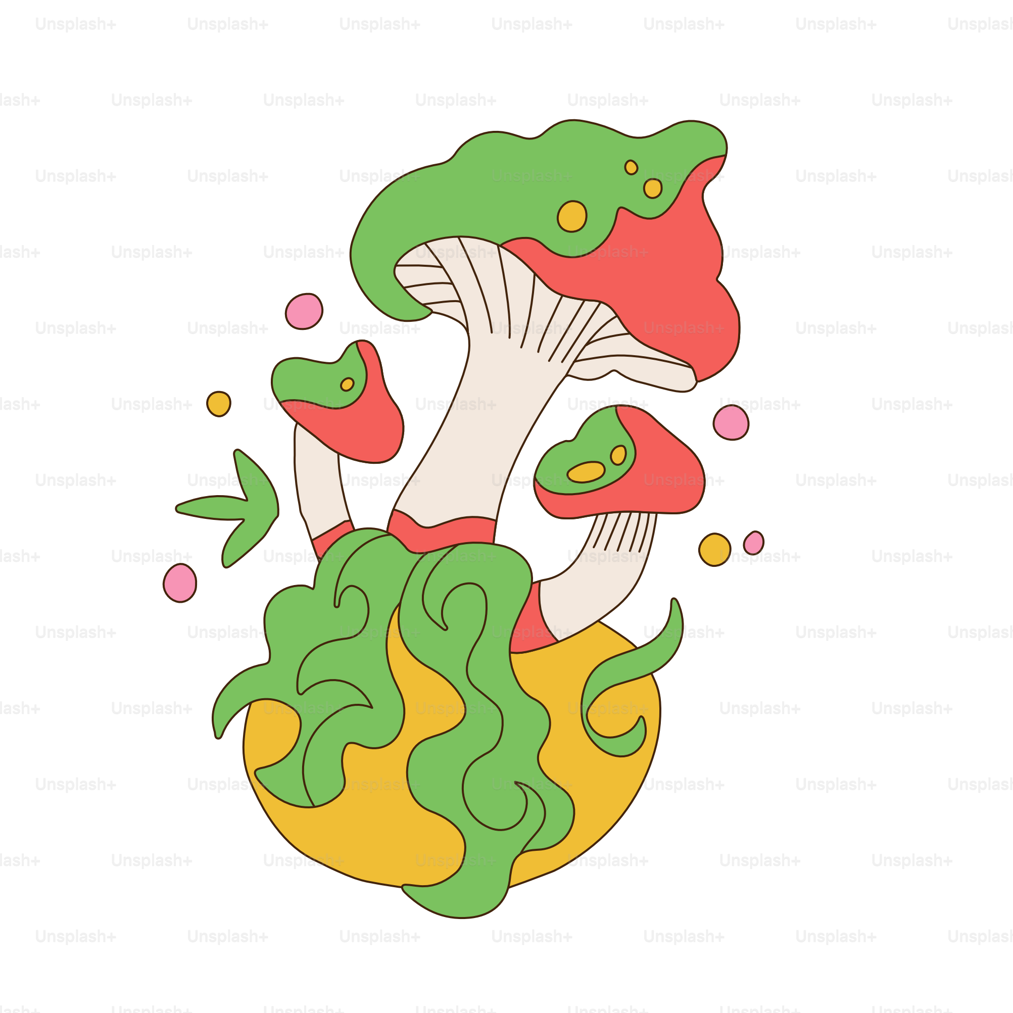 Ilustración vectorial en un estilo sencillo, ingenuo y hippie y groovy: setas y flores, carteles, plantillas de diseño, estampados de flores felices