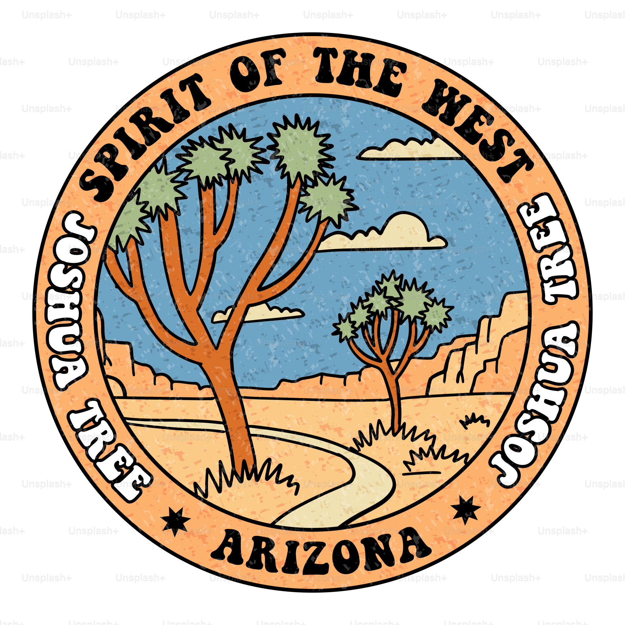 Joshua tree national park graphic round sticker design. Arizona - Spirit of the west - Joshua tree - Vintage font text. vector artwork. Desert vibes illustration