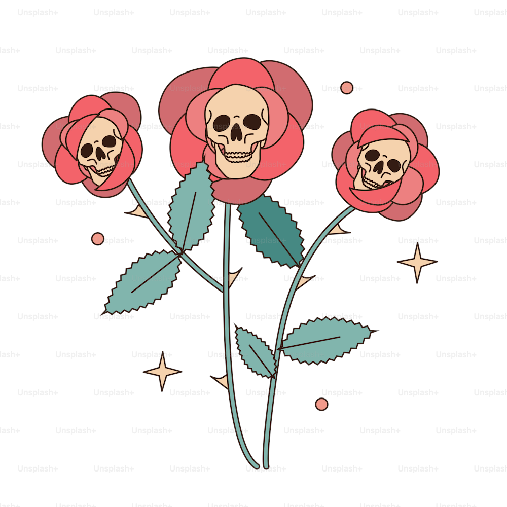 Flores de cráneo con pétalos de rosas que rodean el cráneo. Retrato de cr�áneo humano con metáfora floral de Halloween. Ilustración retro boho vectorial de los años 70 aislada sobre fondo blanco