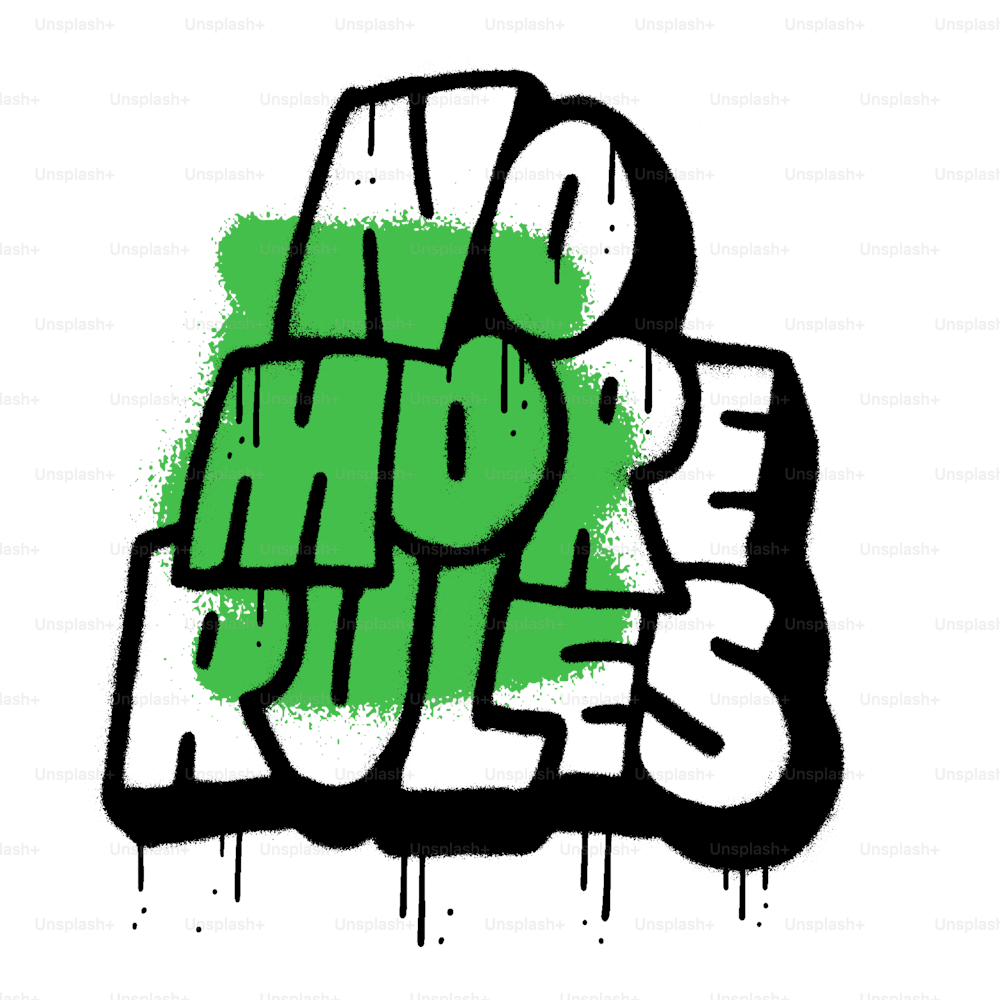 Não há mais regras - Grafite urbano estilo street style estampa slogan com mancha de cor verde neon. 90s - 00s Hipster letras vetoriais gráficas para camiseta e moletom.