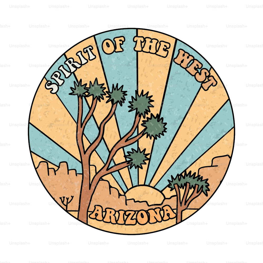 Projeto de emblema redondo da árvore de Joshua para vestuário e outros. Spirit of the West, Arizona design de impressão texturizada. Ilustração linear desenhada à mão do vetor