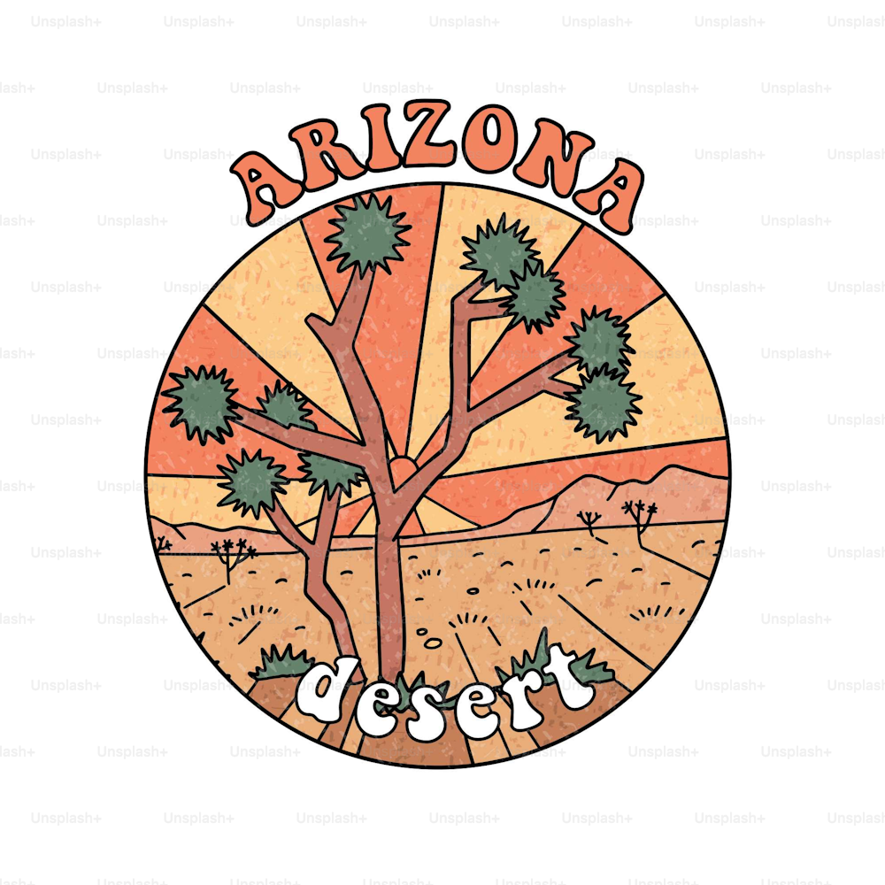Deserto do Arizona com design de impressão de emblema redondo de aventura de árvore de josué. Arte de ilustração vetorial de contorno vintage.