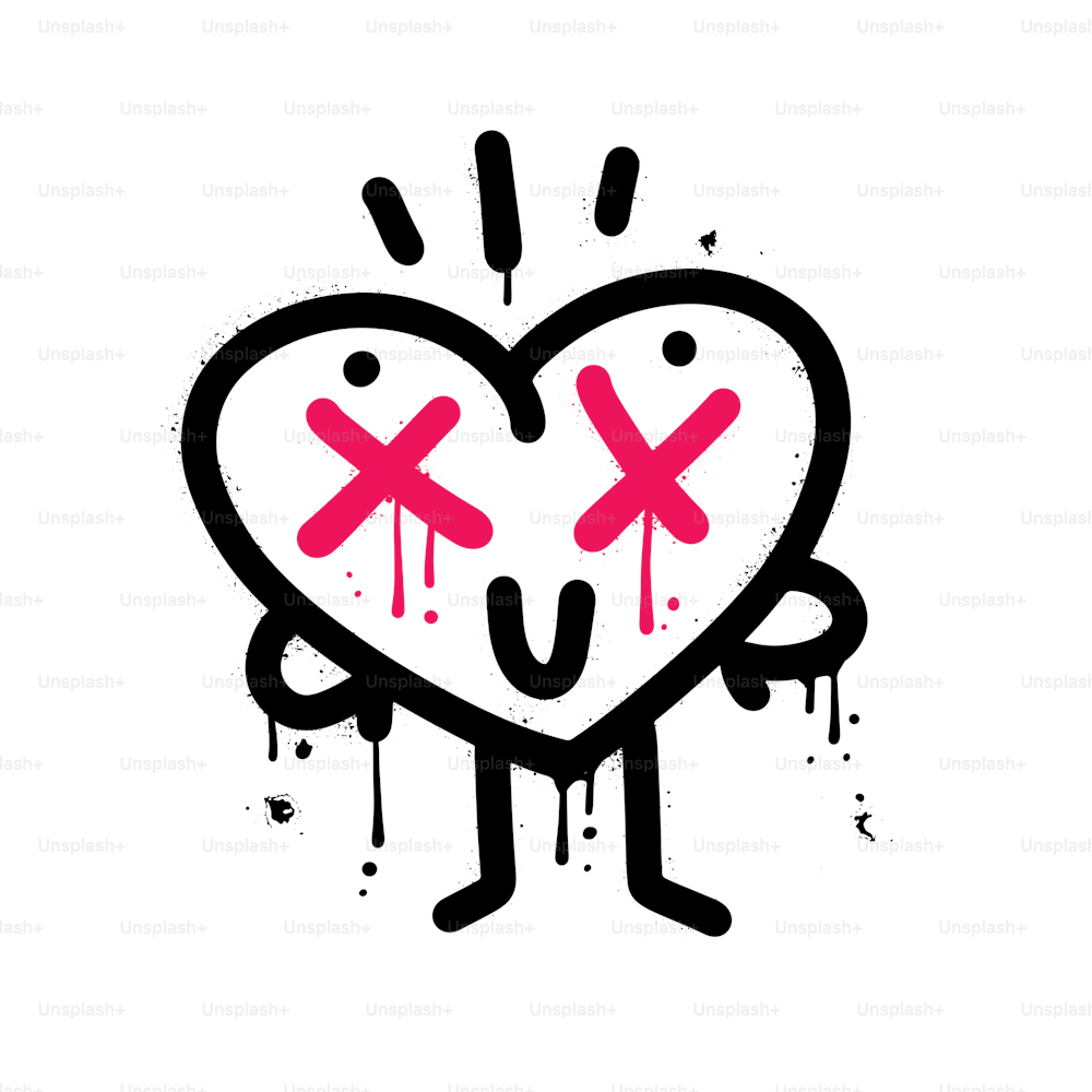 Urban graffiti - Funny heart with smile face, dead eyes retro cartoon character. Textured vector illustration for t-shirt, sticker, or apparel merchandise. Valentines day mascot