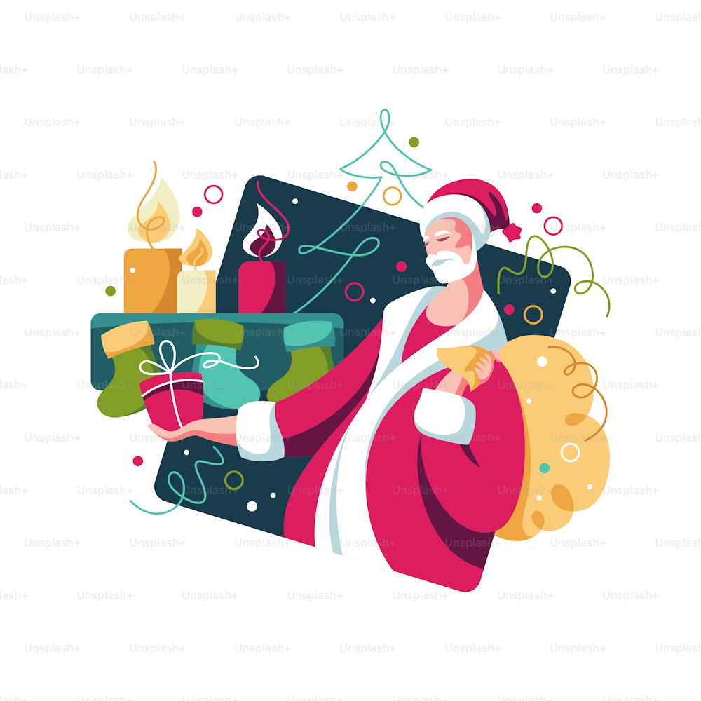 Babbo Natale con regali e albero di Natale. Festa di Capodanno. Illustrazione vettoriale colorata brillante.