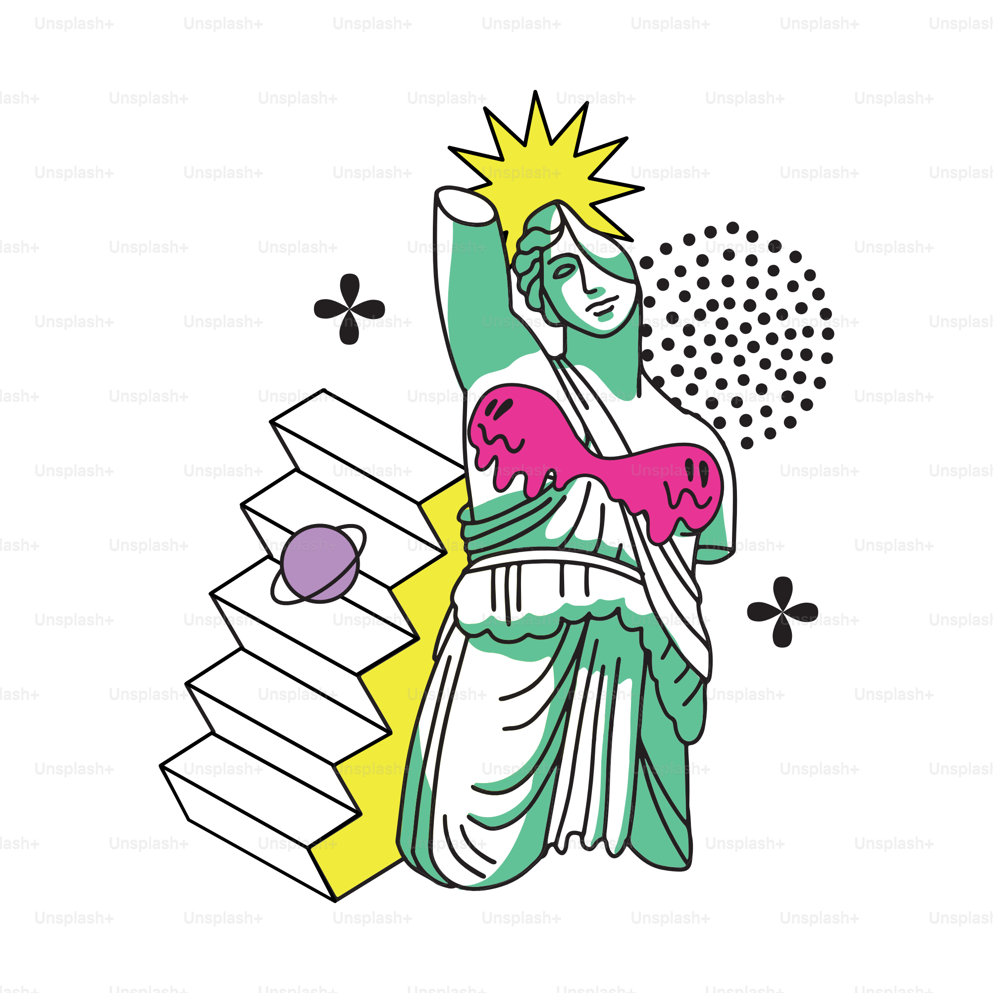 Silhouette de sculpture grecque trippi avec des éléments abstraits surréalistes et anciens. Illustration vectorielle en contours avec des taches de couleur. Des émoticônes psychédéliques dans le style des années 1990