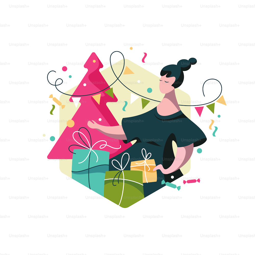 Mujer divertida con regalos, decorando árbol de Navidad. Preparación para la celebración del Año Nuevo. Ilustración vectorial de colores brillantes.