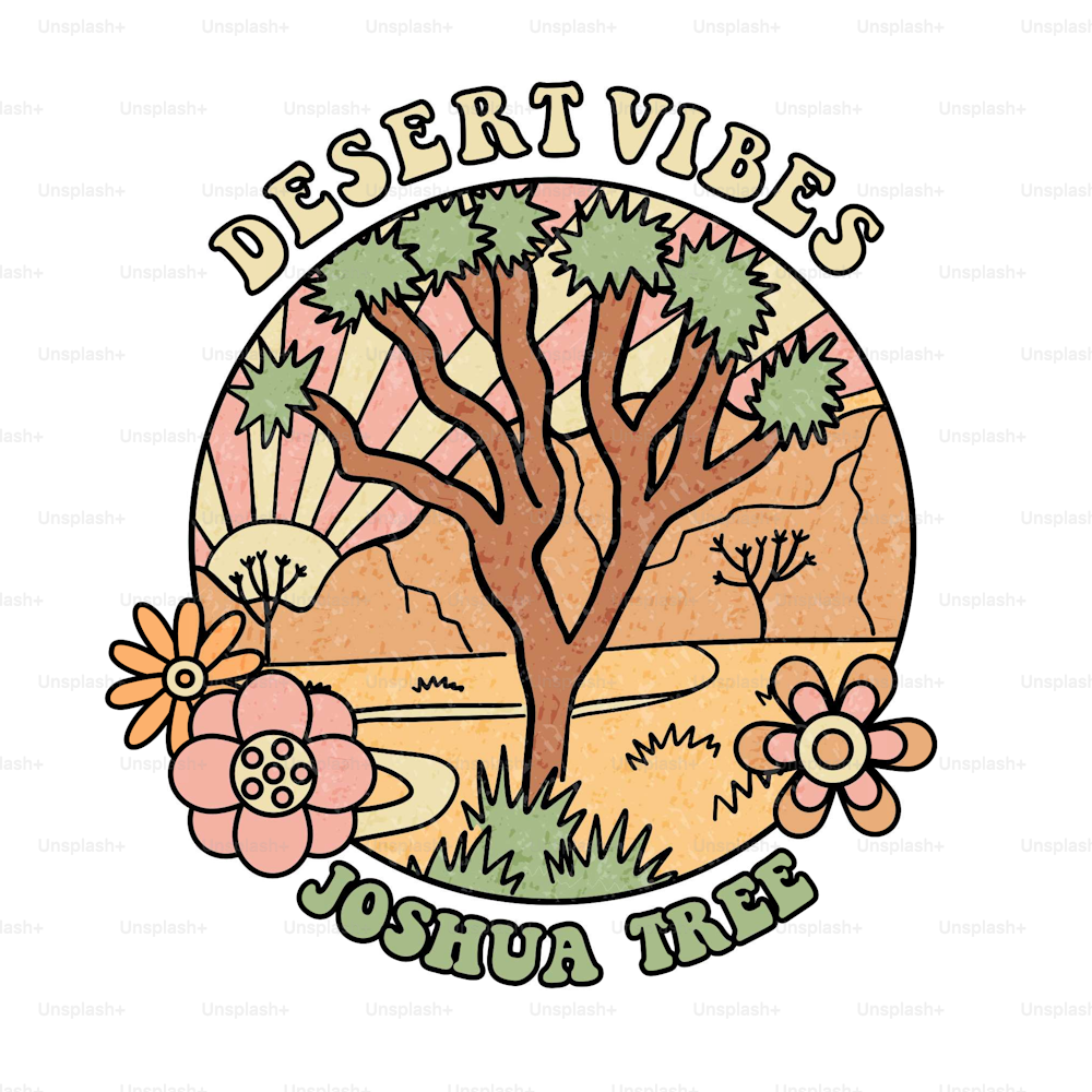 Desert joshua tree rétro graphique rond badge pour t-shirt et autres. Paysage de montagne et de coucher de soleil vintage croquis à la main design d’impression. Illustration linéaire vectorielle