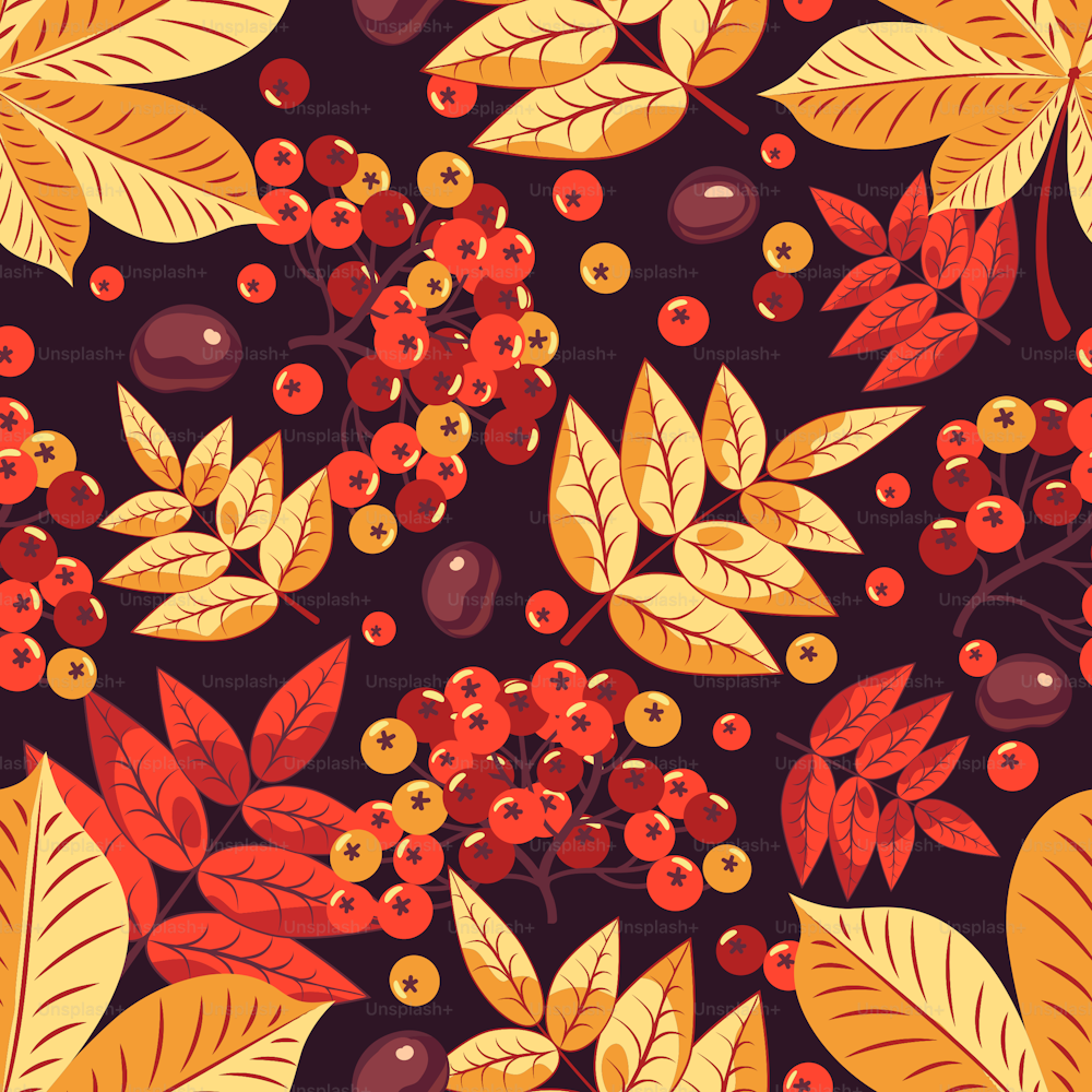 Autumn seamless pattern of red rowan berries and yellow leaves and fruits of chestnut on a dark background. Vector image. For the design of gift paper.