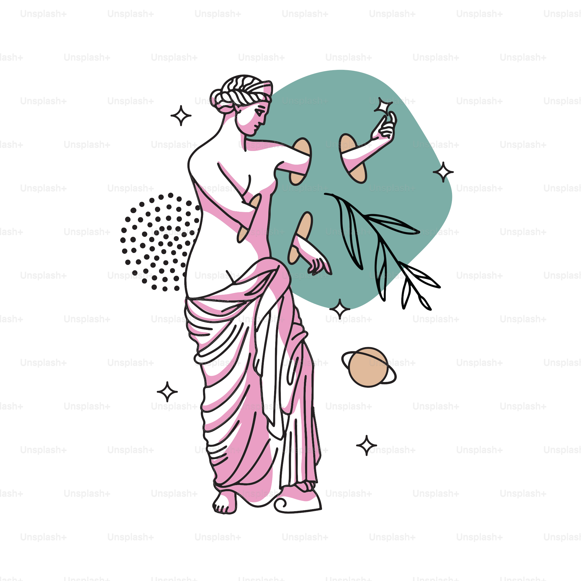 Abstract greek ancient surreal sculpture with abstract geometric shapes, stars. Vector hand drawn outline illustrations of modern statue and cosmic space elements in trendy psychedelic weird style