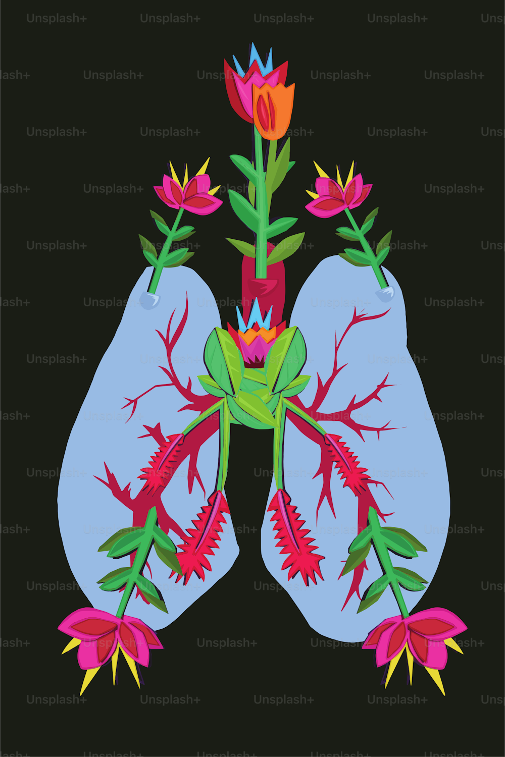 Human lungs and flowers in paper art style